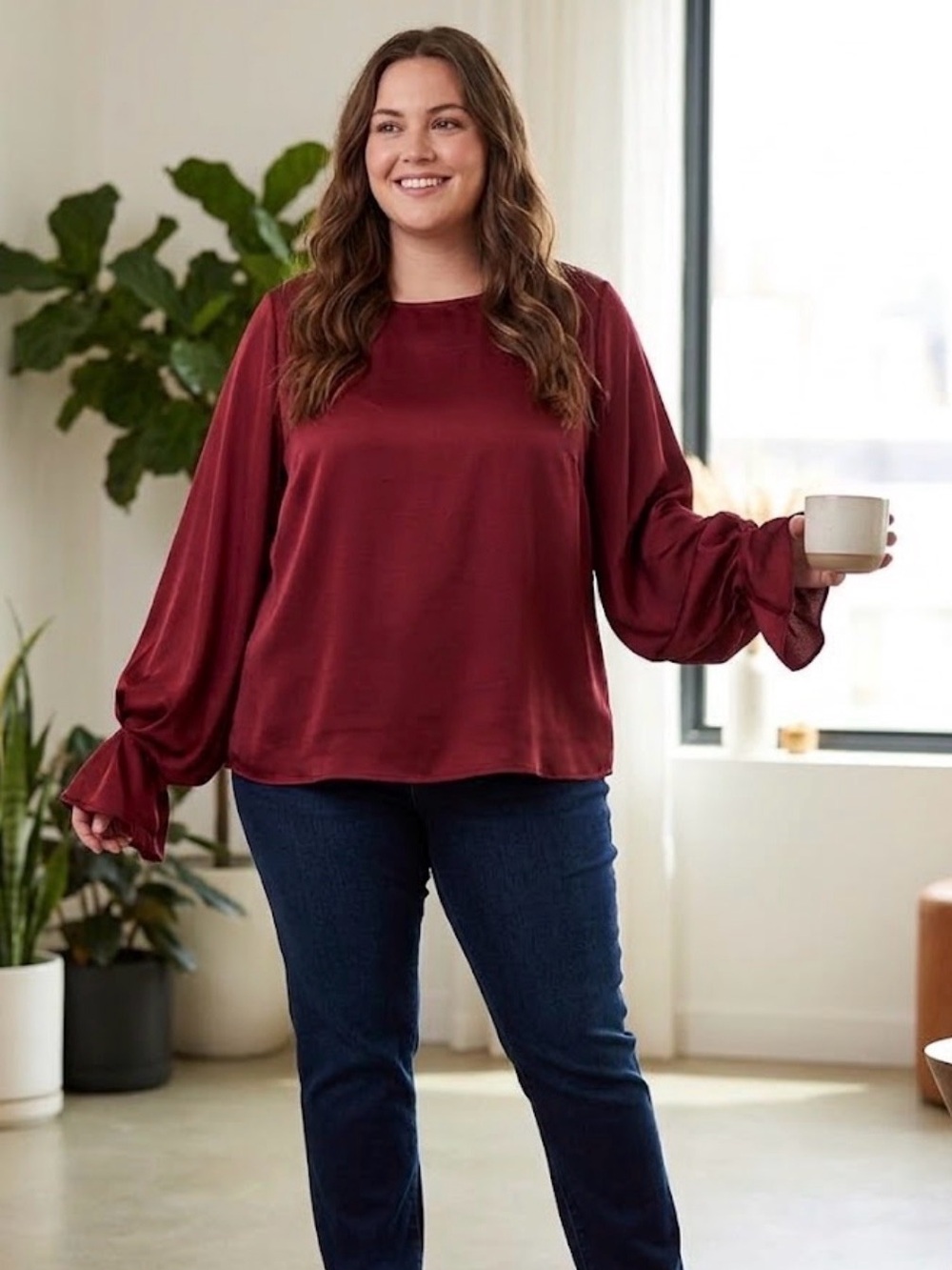 The Limited 1X Burgundy Wine Red Balloon Bell Sleeve Top Blouse Cuffed Elegant